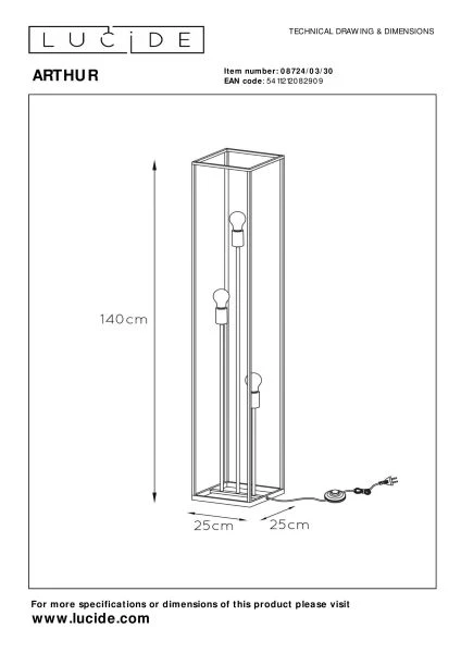 Lucide ARTHUR - Lampadaire - 3xE27 - Noir - TECHNISCH